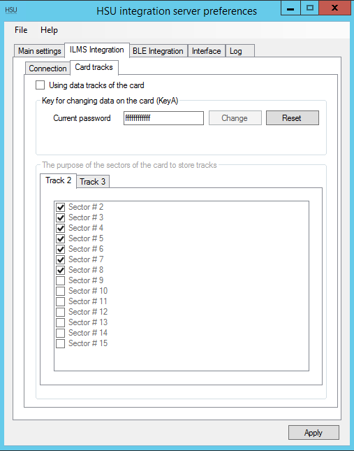 HSU PMS Integration Software - server ILMS card tracks page
