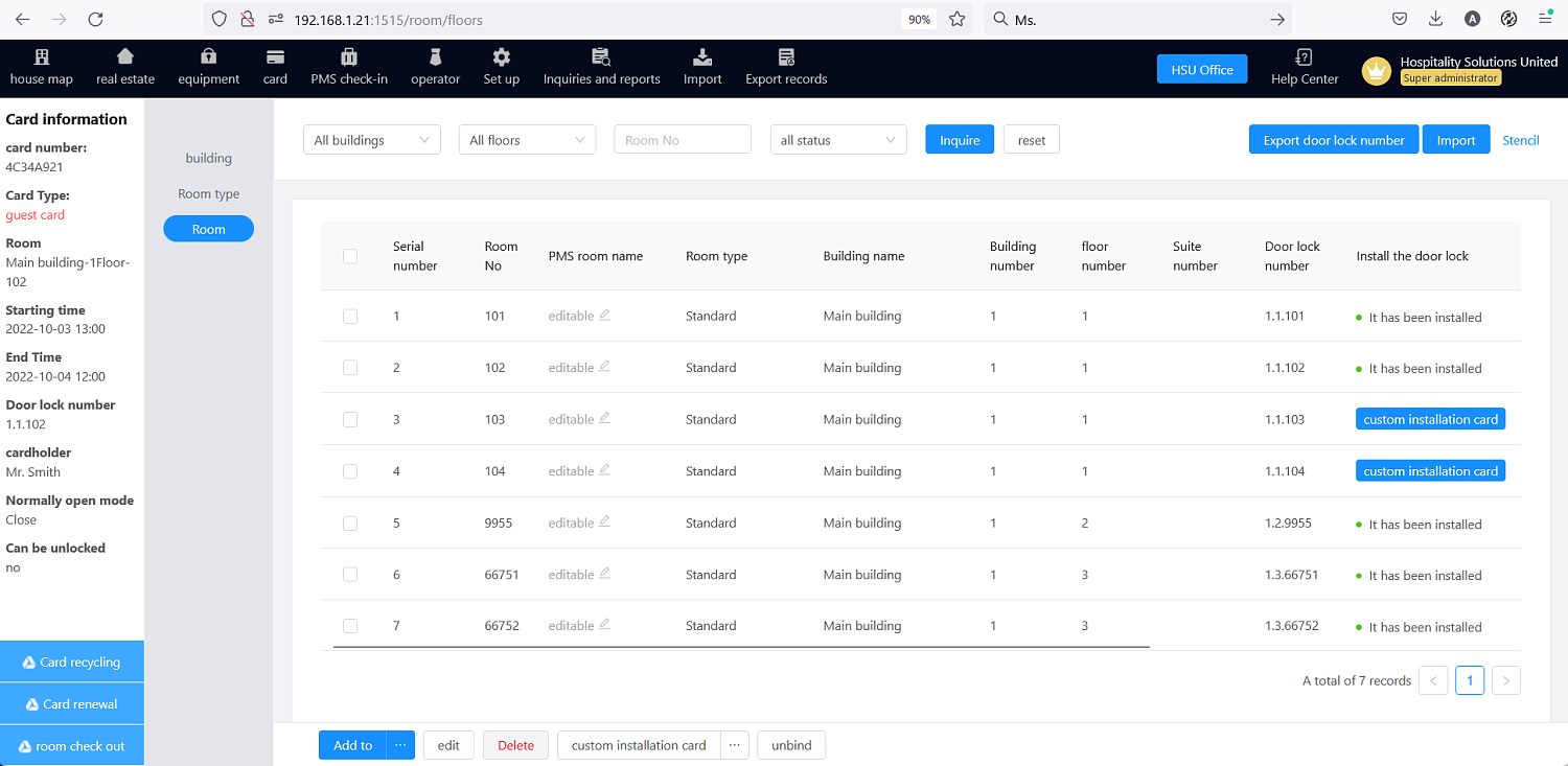 HSU HTLock software - room configuring